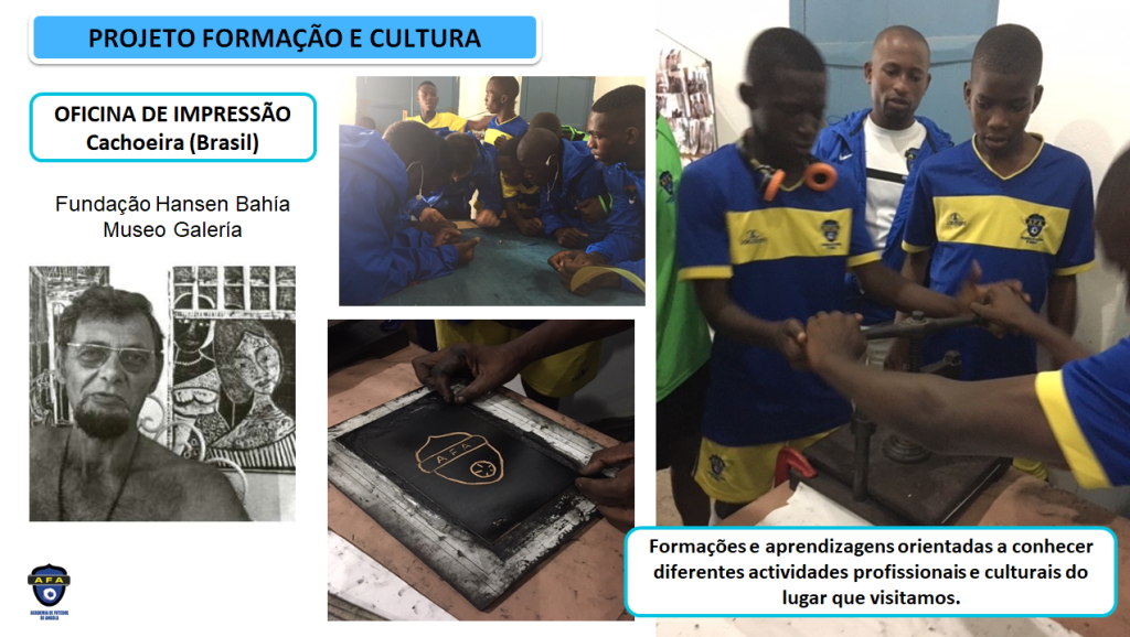 Jugadores de la AFA durante la visita a la Fundação Hansen Bahia, en Cachoeira, participando en una actividad de aprendizaje artístico y cultural.