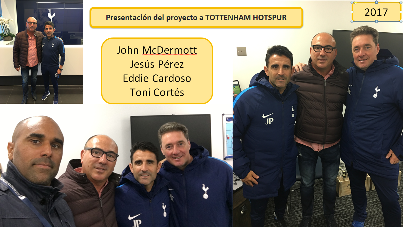 Recepción y presentación del proyecto AFA en Tottenham Hotspur. Eddie Cardoso y Toni Cortés junto a Jesús Pérez y John McDermott.